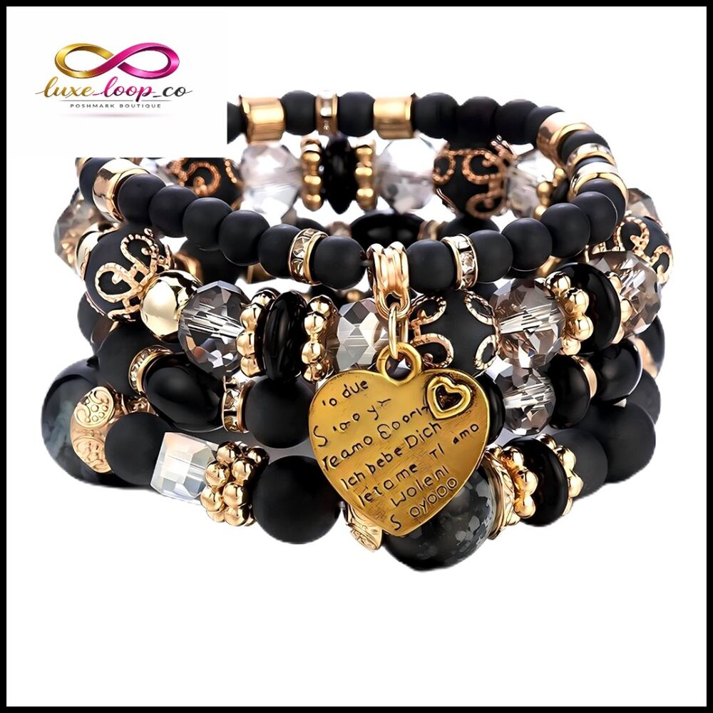 Stackable Stretch Beaded Bracelets With Heart Cha… - image 1